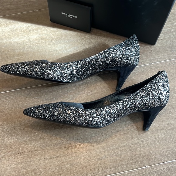 Saint Laurent heels, size 36+, black & silver glitter with a small kitten heel. - Picture 6 of 7